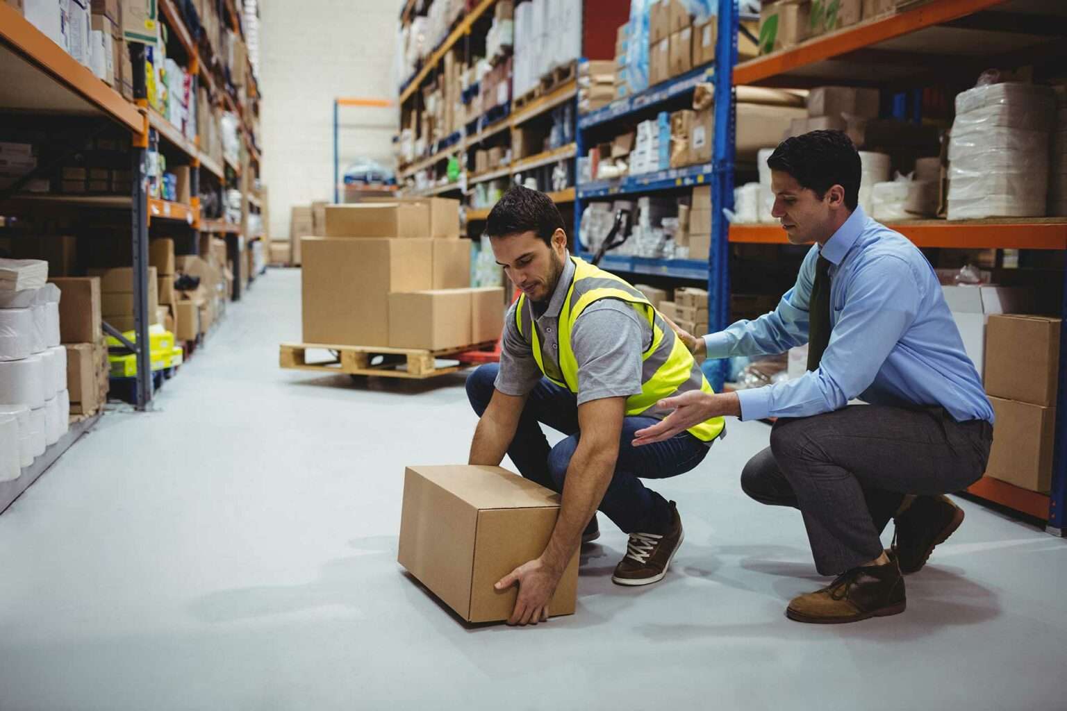 Formateur montrant à un salarié la bonne posture pour soulever un carton dans un entrepôt