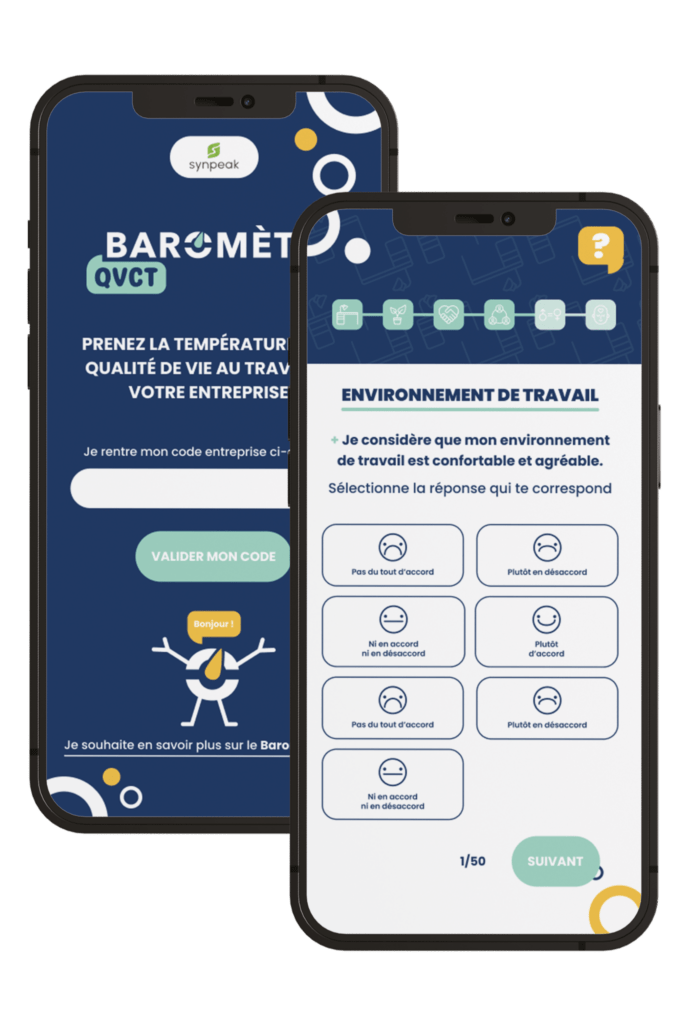 Application Baromètre QVCT affichée sur deux smartphones : accueil et questionnaire